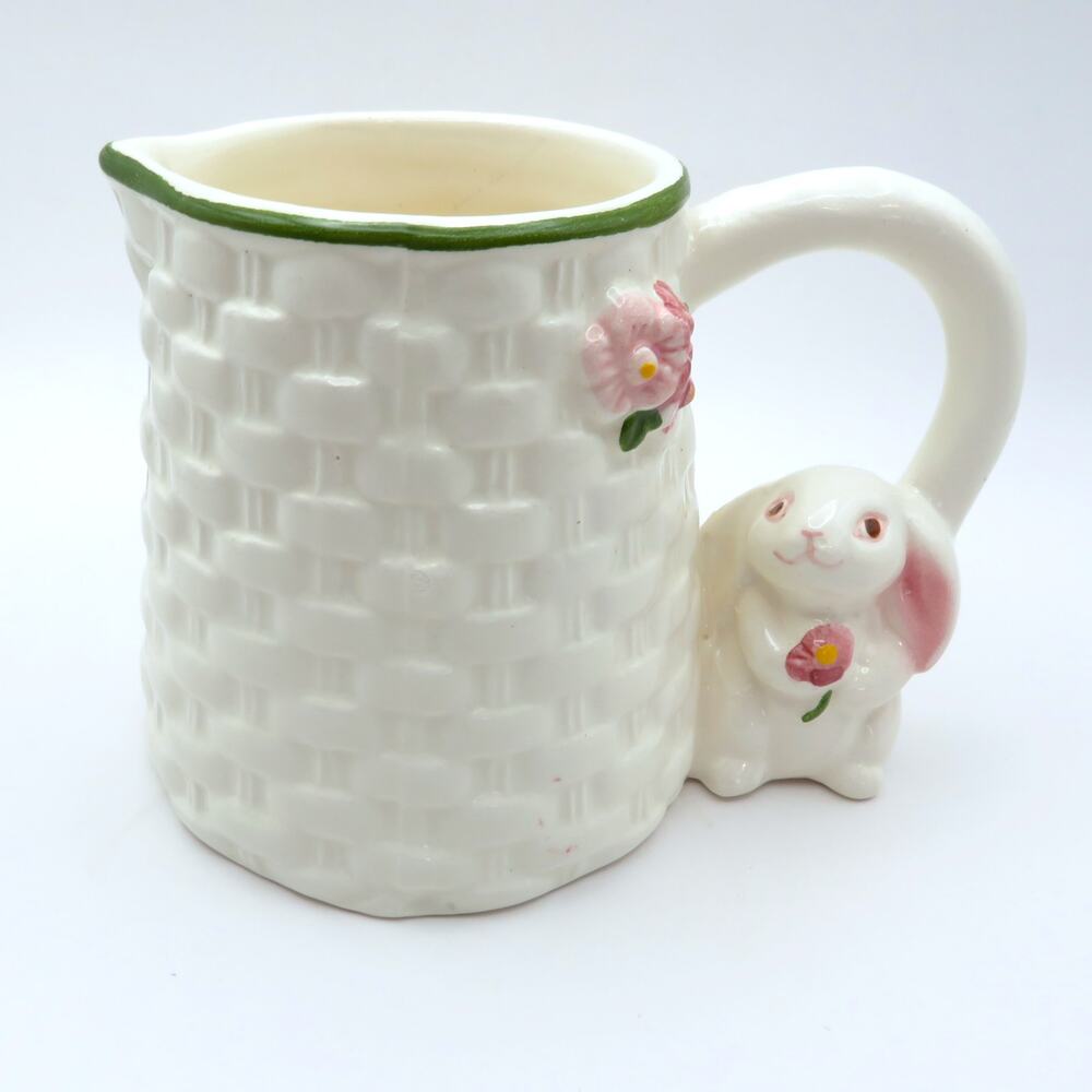 Vintage Avon Bunny Creamer Easter Basketweave Rabbit Floral Ceramic Pitcher